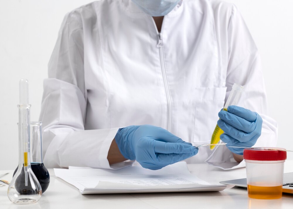 Lab doctor performing medical exam of urine