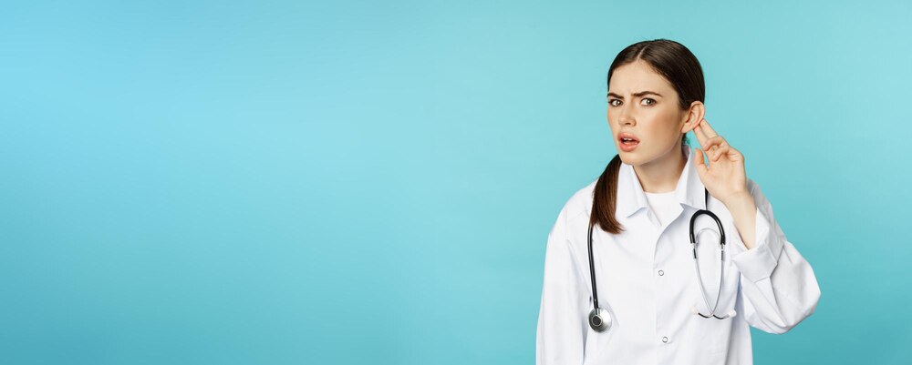 Image of confused woman doctor cant hear you holding hand near ear and looking puzzled speak louder