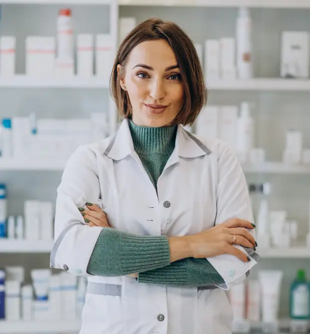 Female pharmacist with arms folded